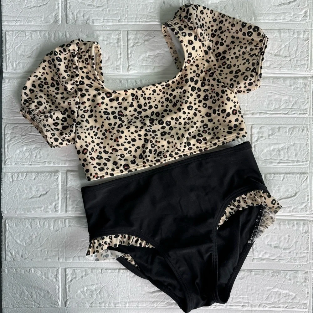 Leopard Print Puff Sleeve Swimsuit Crop Top and Black Bikini Bottom M (8)